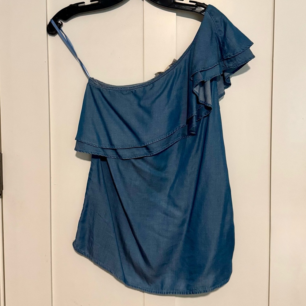 MICHAEL Michael Kors Denim Chambray One-Shoulder Ruffle Top